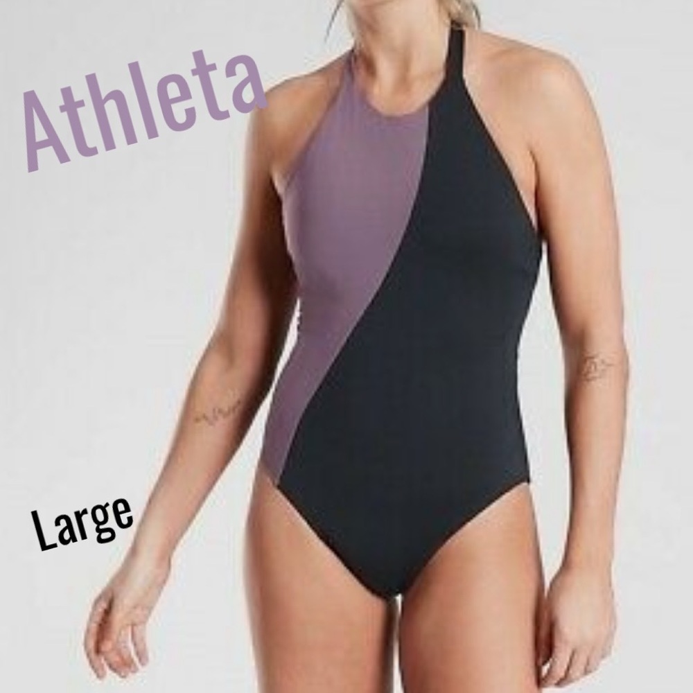 Athleta Black and Mauve High-Neck Colorblock One-Piece Swimsuit